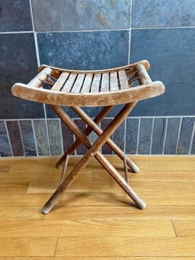 Vintage Slatted Folding Stool - Natural Wood